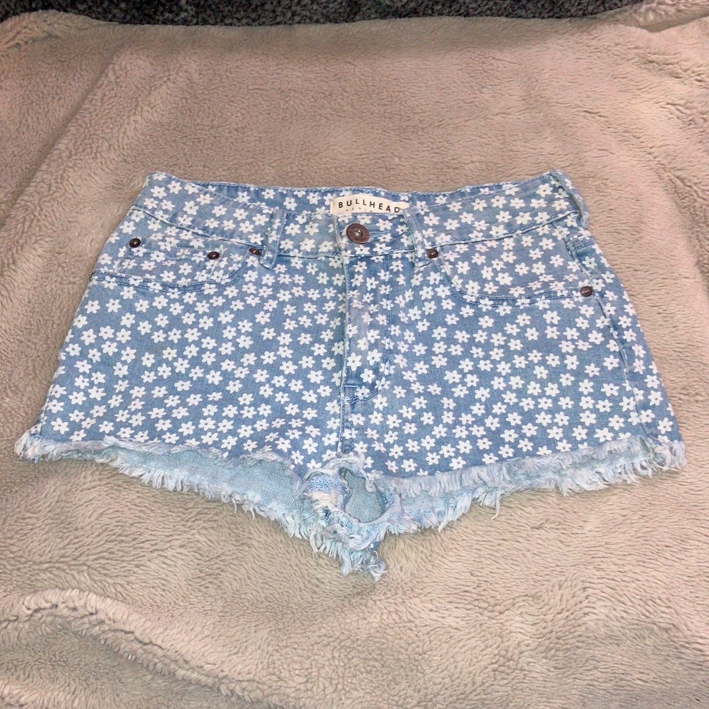 Bullhead Blue Floral High Rise Denim Shorts, Size 7